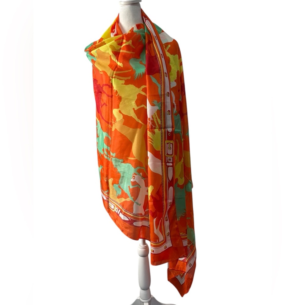 Beautiful silk/viscose oversized scarf/wrap in orange w/an abstract print. EUC